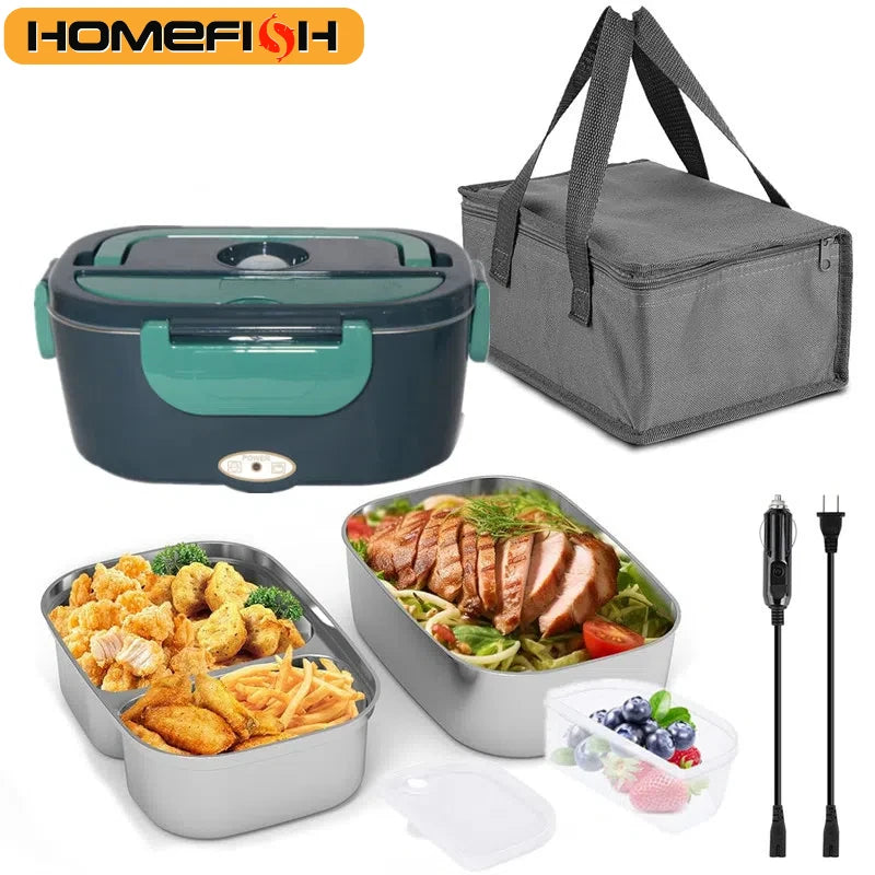 HOMEFISH 1.5L Electric Lunch Box  60W Speed Heating Car Or AC Heating Travel Office Home Use Gift Knife And Insulated Handbag