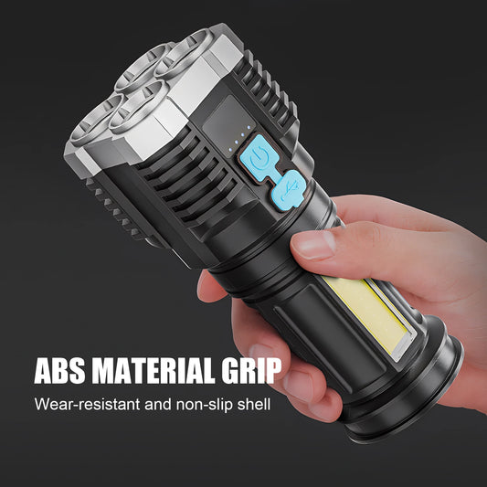 Ultra-Bright LED Flashlight – High-Power Camping Torch with 4X Lamp Beads, COB Side Light & 4 Lighting Modes | Rechargeable & Portable for Outdoor Adventures