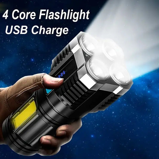 Ultra-Bright LED Flashlight – High-Power Camping Torch with 4X Lamp Beads, COB Side Light & 4 Lighting Modes | Rechargeable & Portable for Outdoor Adventures