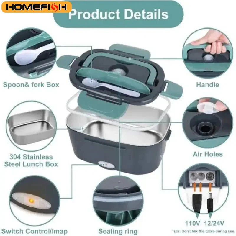 HOMEFISH 1.5L Electric Lunch Box  60W Speed Heating Car Or AC Heating Travel Office Home Use Gift Knife And Insulated Handbag